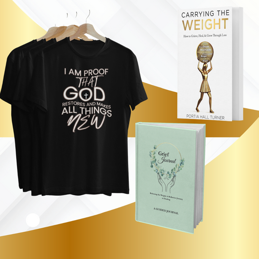 Carrying the Weight Book +Grief Journal + I Am Proof That God Restores And Makes All Things New Tee