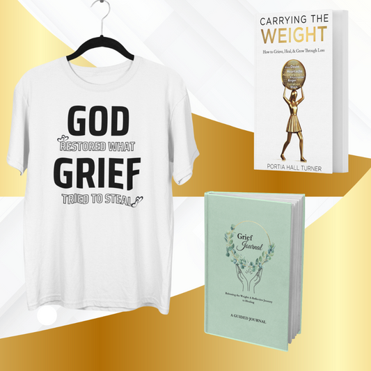 Carrying the Weight Book + Grief Journal + God Restored What Grief Tried To Steal Tee