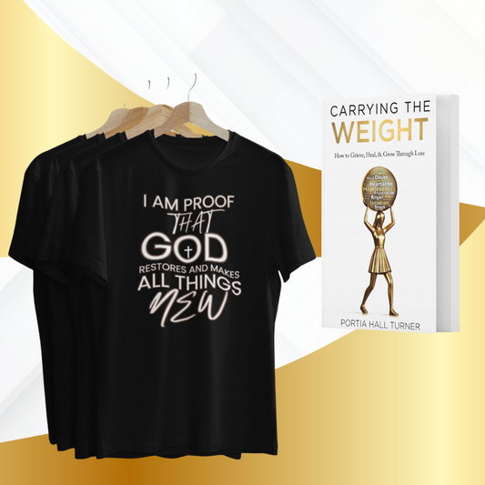 Carrying the Weight Book + I Am Proof That God Restores And Makes All Things New Tee