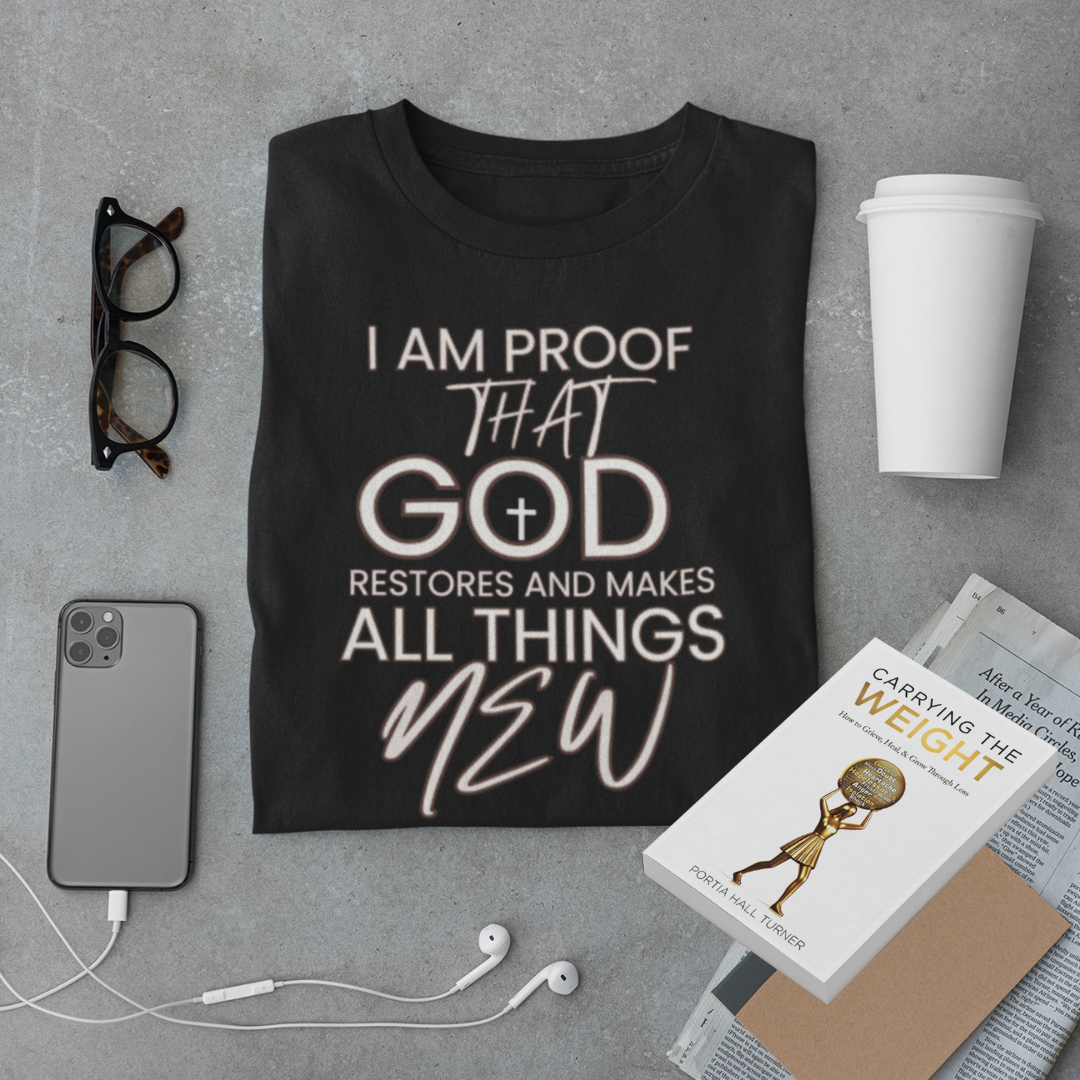 Carrying the Weight Book + I Am Proof That God Restores And Makes All Things New Tee