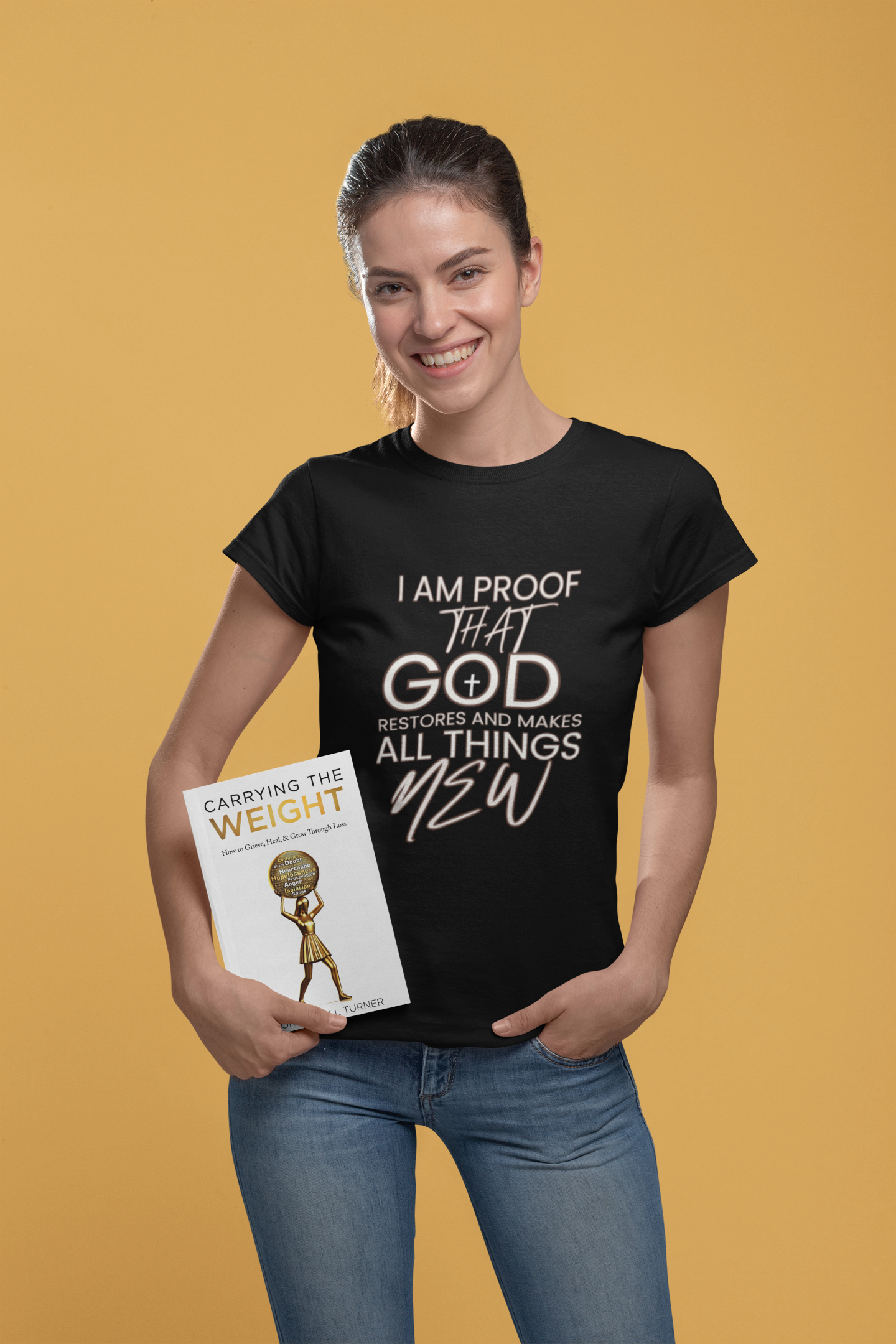 Carrying the Weight Book + I Am Proof That God Restores And Makes All Things New Tee